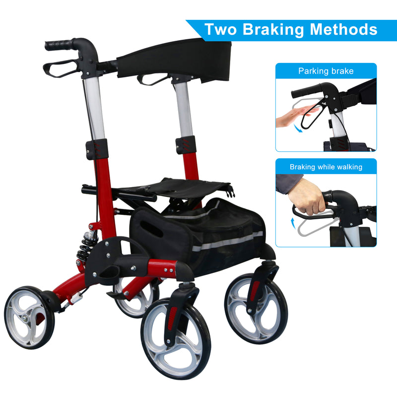 Maidesite 4 Wheel Rollator Walker for Seniors with Seat, Stand up Folding Bariatric Rolling Walker, Lightweight Mobility Walking Aid with Seat and Locking Brakes, 300lbs Weight Capacity, Red