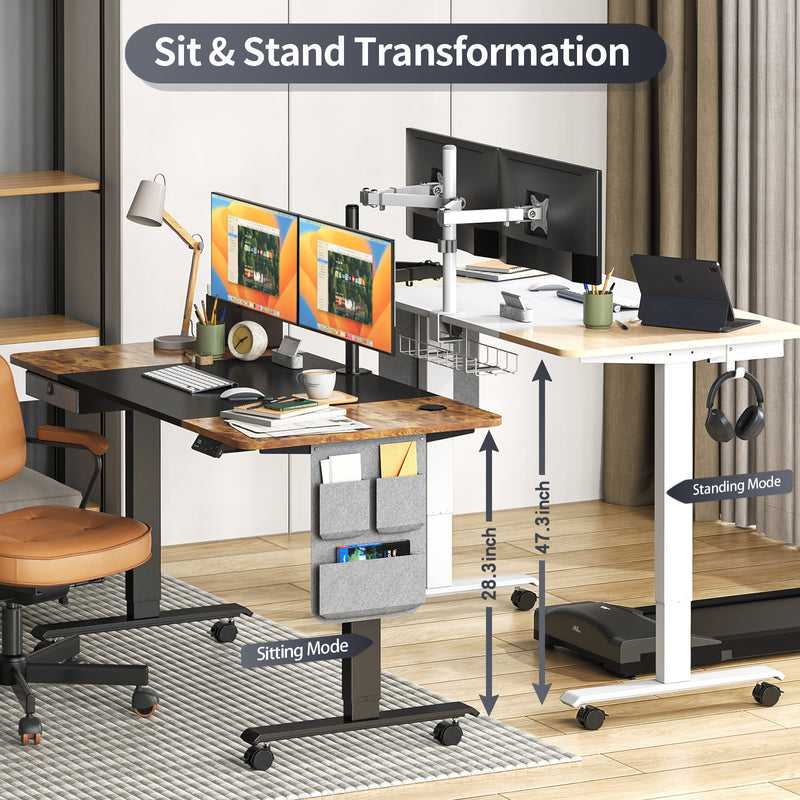 Maidesite Standing Desk Adjustable Height 55 Inch with Caster Wheels, Drawer and Cable Management Tray
