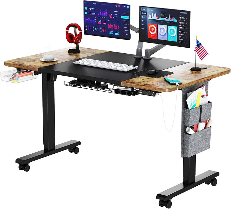 Adjustable Height Standing Desk, Sit Stand Desk from 28.3 to 47.2in, Stand Up Desk with Felt Storage Bag, Cable Management Tray and Under Desk Drawer 55x28 in(Rustic Brown+Black Desktop)